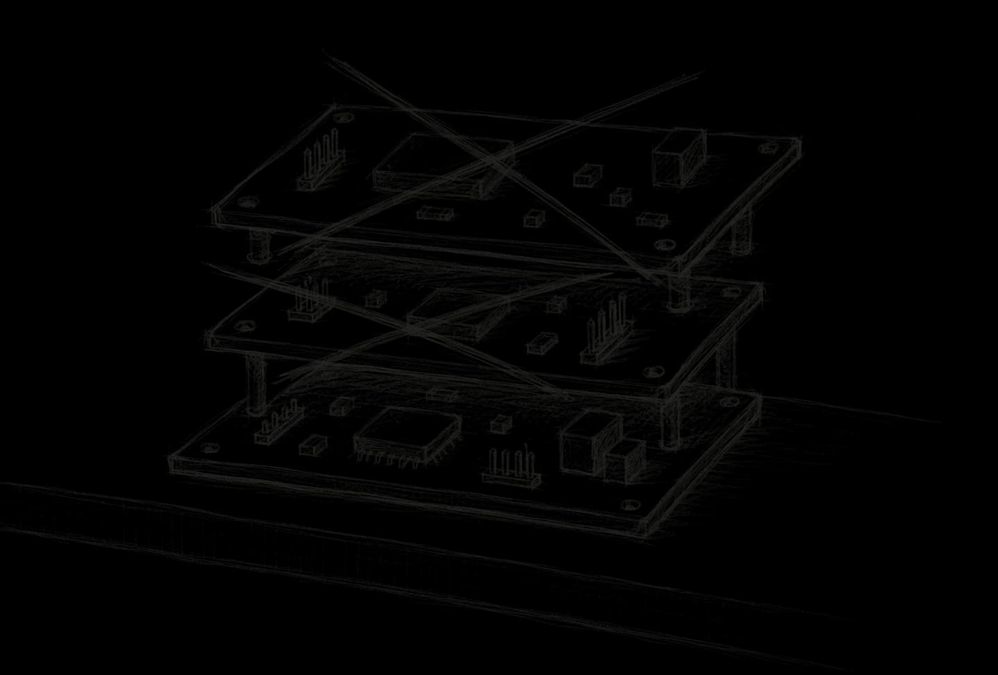 Three circuit board revisions stacked on a shelf, the top two crossed out.