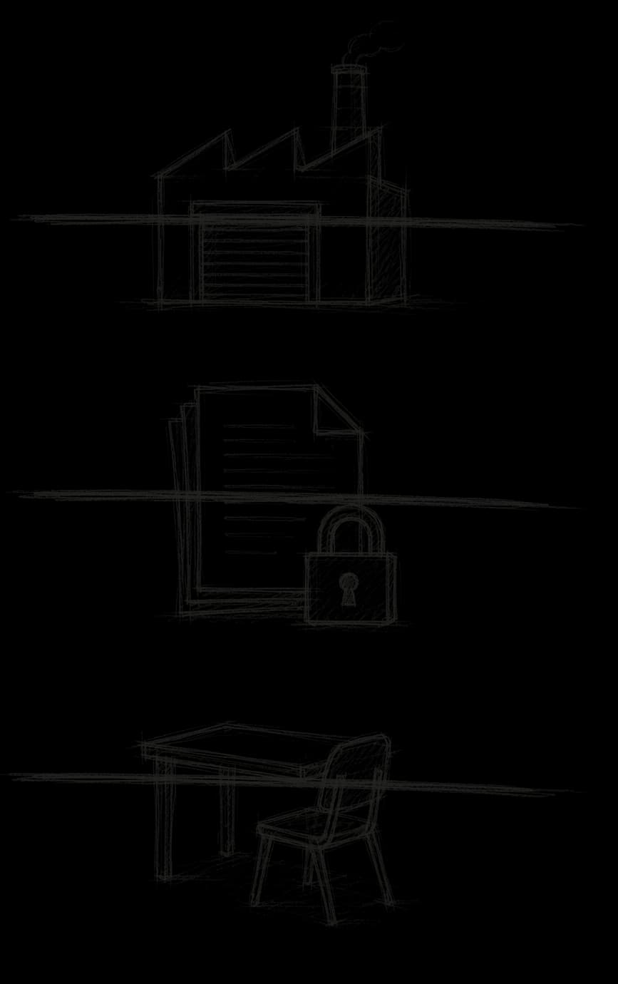 A factory, a locked stack of documents and a single desk, each struck through.