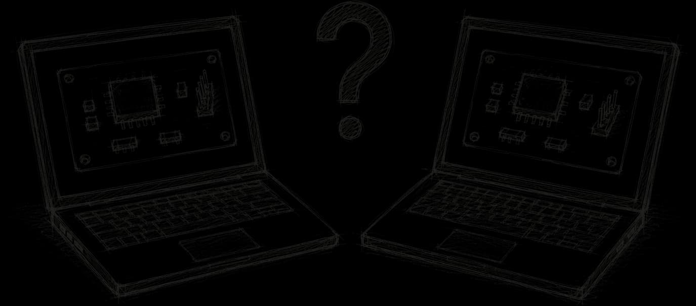 Two laptops showing the same board, with a question mark between them.